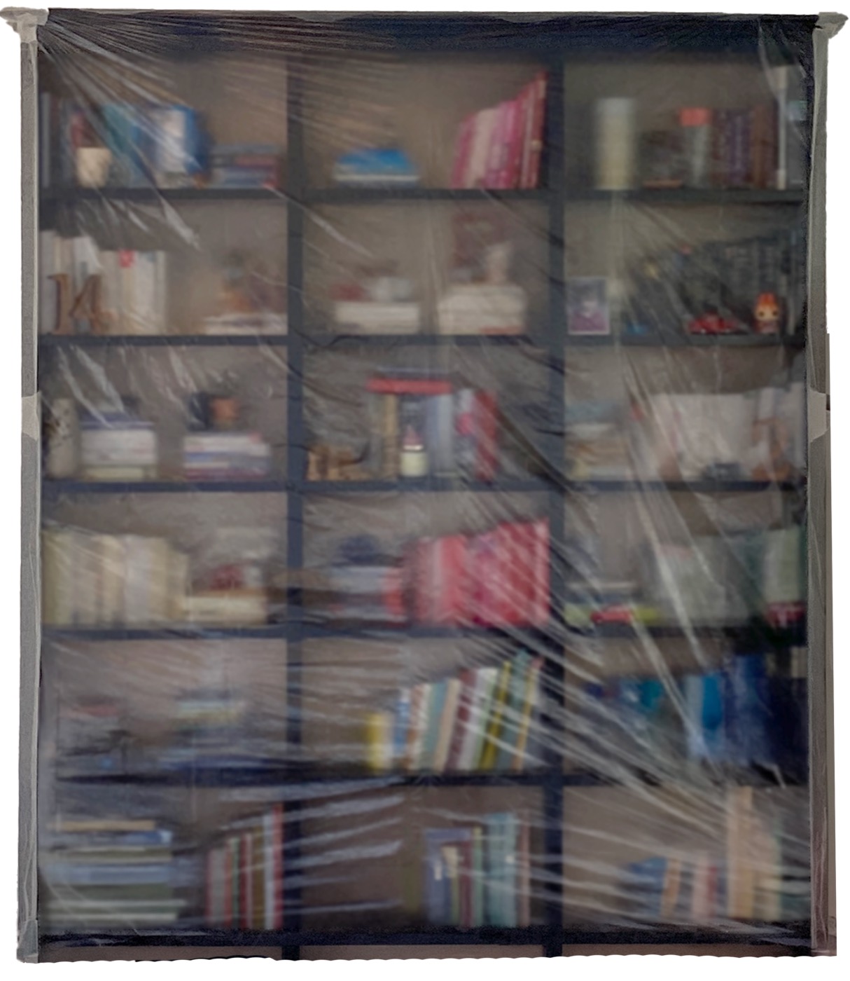 A client's bookshelf wrapped carefully in protective sheeting, every book sealed away